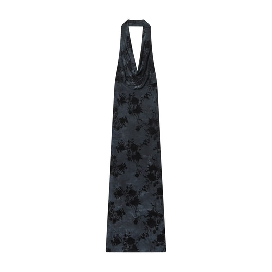 Women's New Flocking Printed Hanging Neck Midi Dress