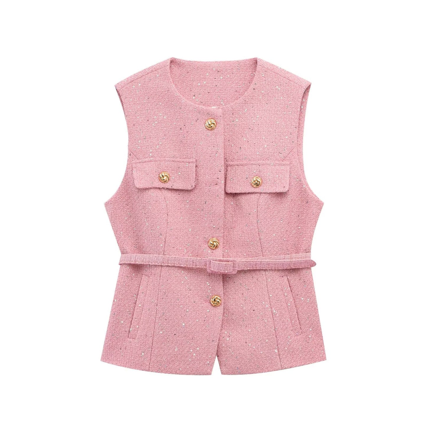 Women's new fashion with Belt bead decoration sleeveless textured vest