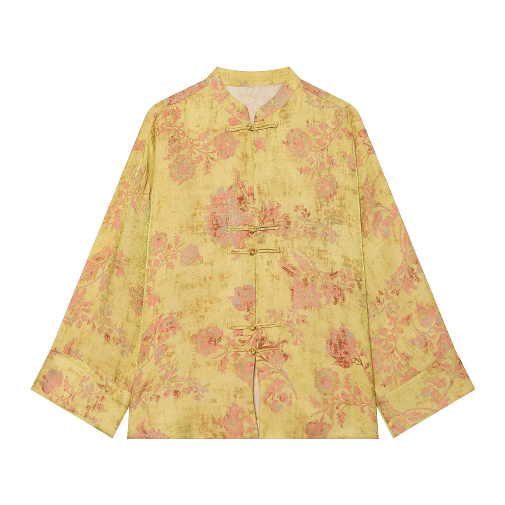 suit Women's 2 pieces Rope knot buckle decorative printed shirt+pants