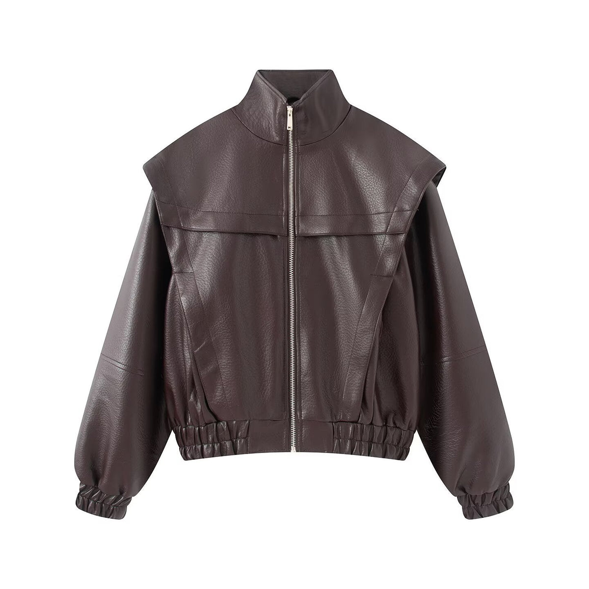 Women's stand collar fake two-piece Faux Leather jacket