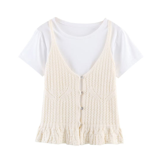 Women's casual hollow texture two-piece style knitted top