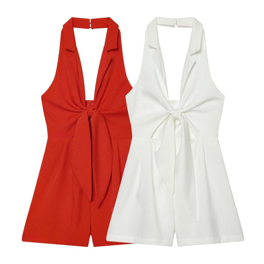 Women's knot decoration hanging neck mini dress