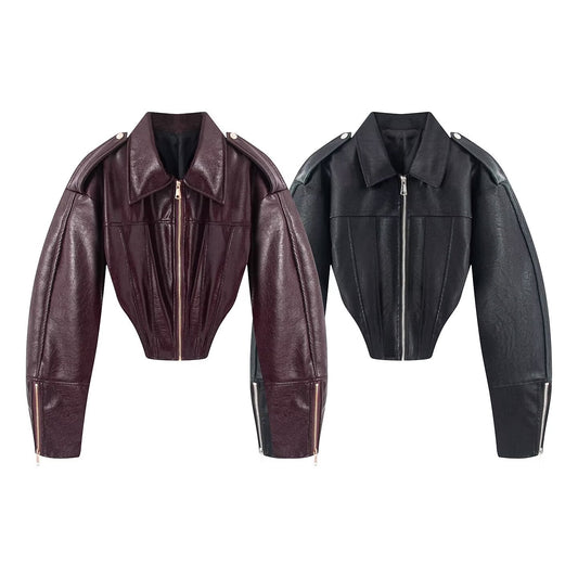 Women's retro short faux leather Coat
