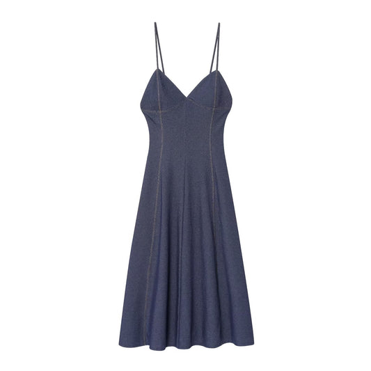 Women's New Fashion Sleeveless Threaded Twill suspender Midi Dress