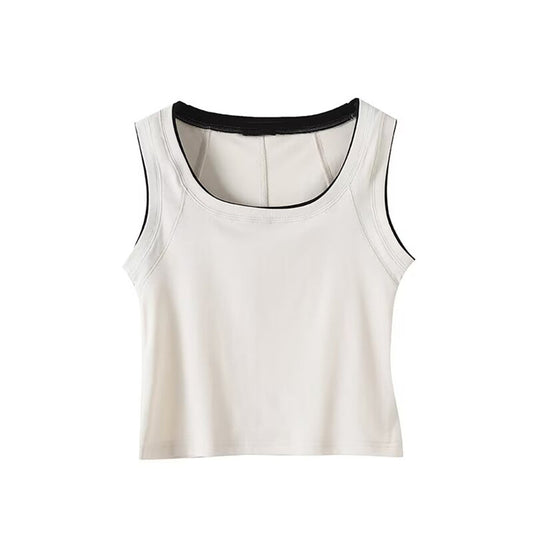 Women's new fashion ribbed contrasting color square neck sleeveless vest