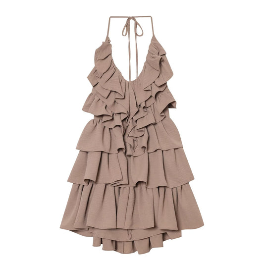 Women's layered decorative chiffon halter neck dress