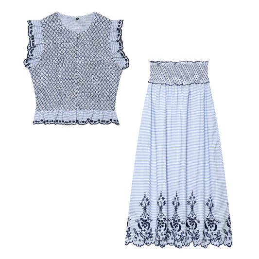 suit Women's 2 pieces embroidered checkered MIDI skirt + tops