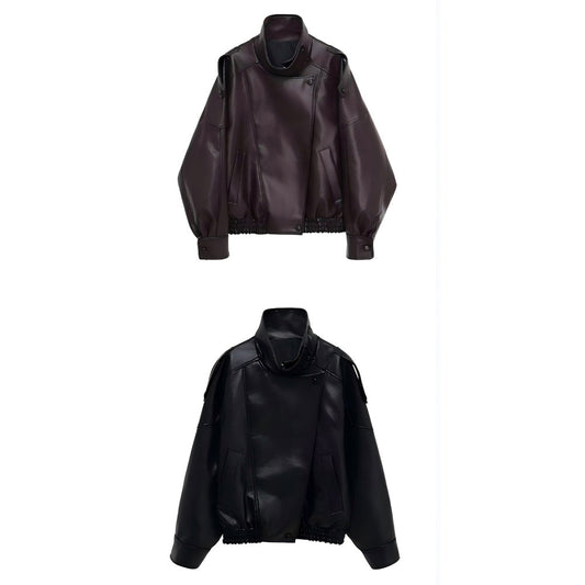 Women's casual stand collar Faux Leather jacket Coat