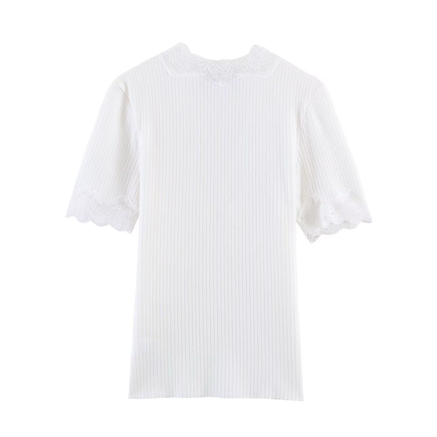 Women's slim V-neck lace ribbed T-shirt