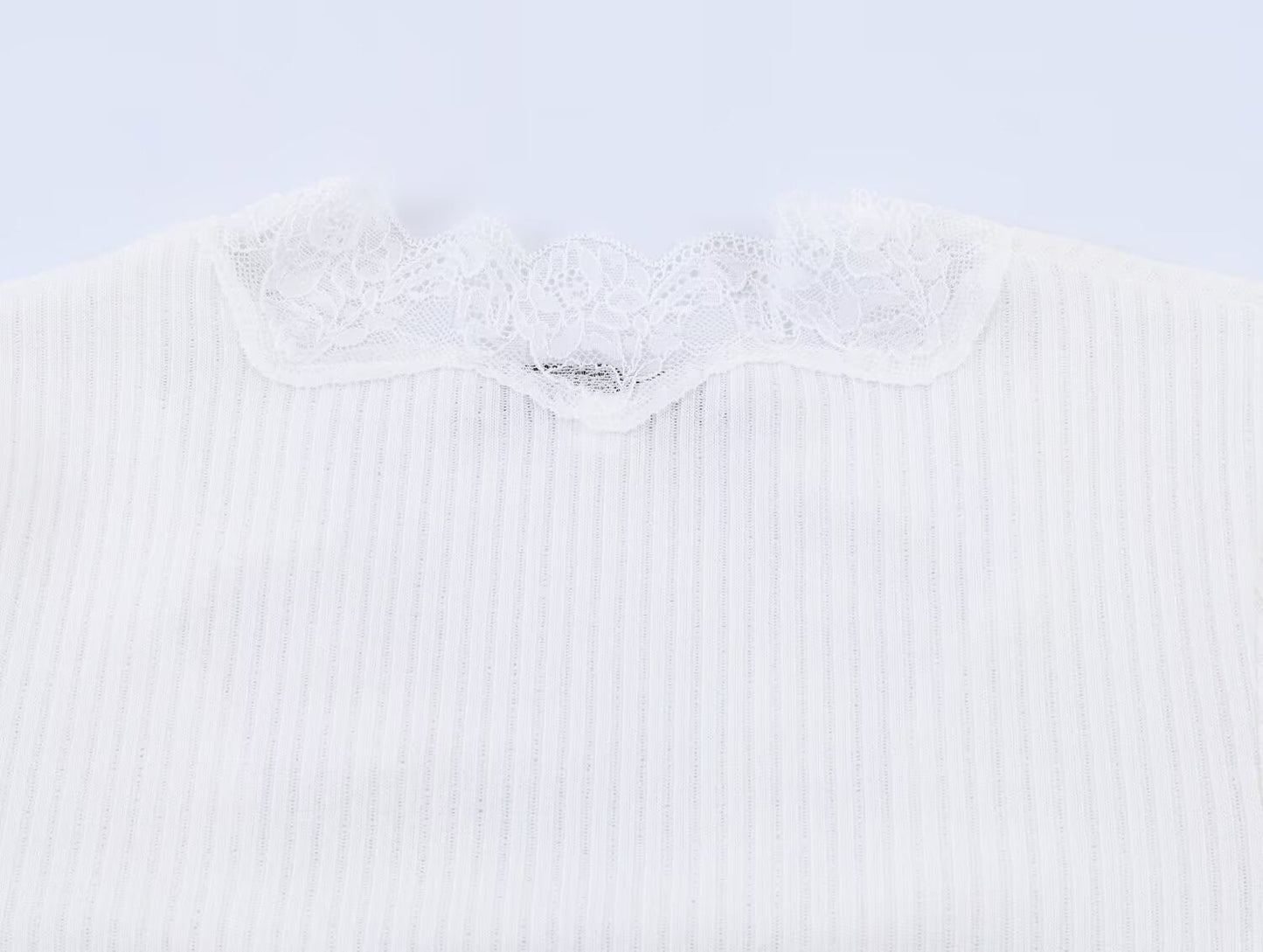 Women's slim V-neck lace ribbed T-shirt