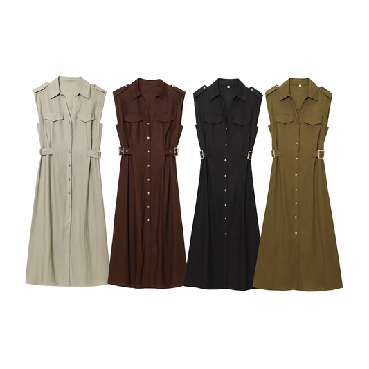 Women's shirt style linen blended MIDI dress