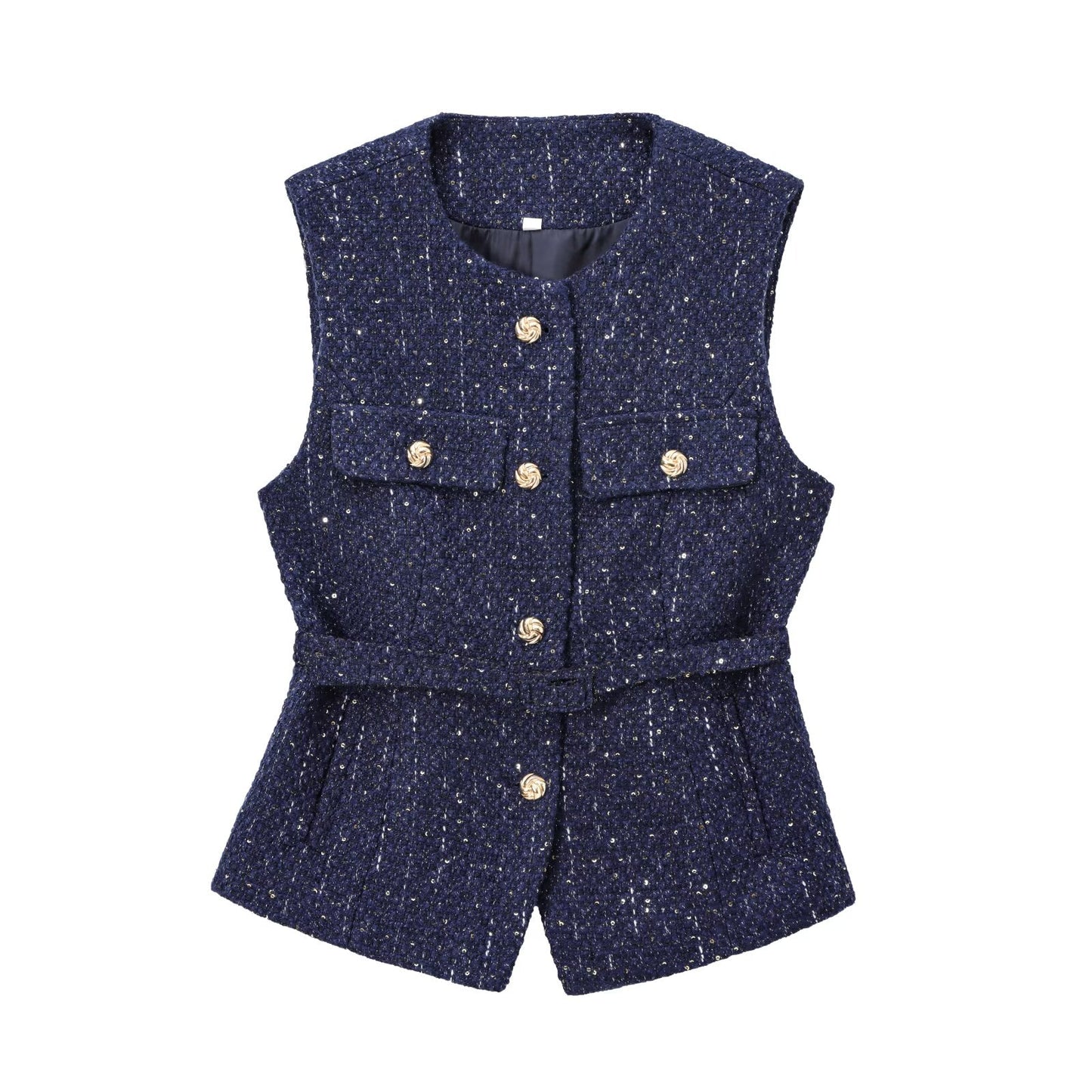 Women's new fashion with Belt bead decoration sleeveless textured vest