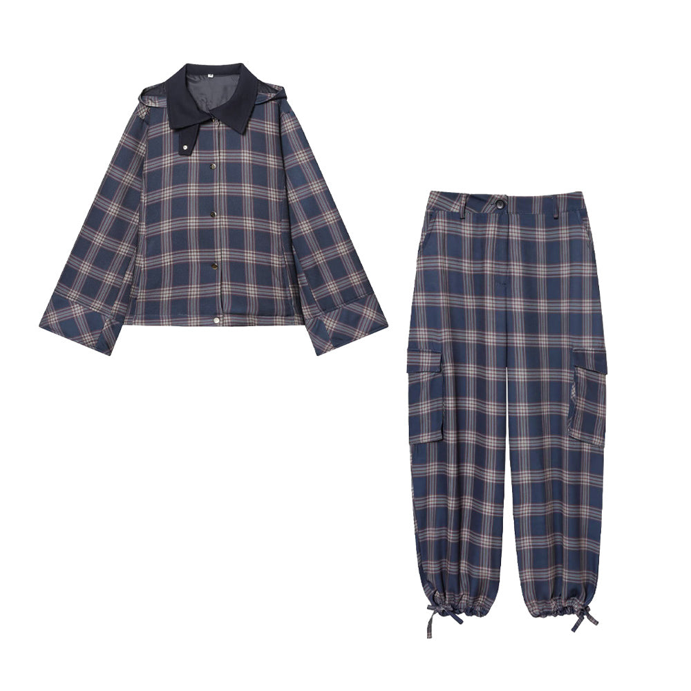 Women's loose checkered hooded cotton jacket Coat
