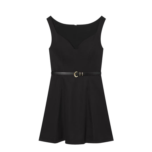 Women's With Belt Black Mini Dress