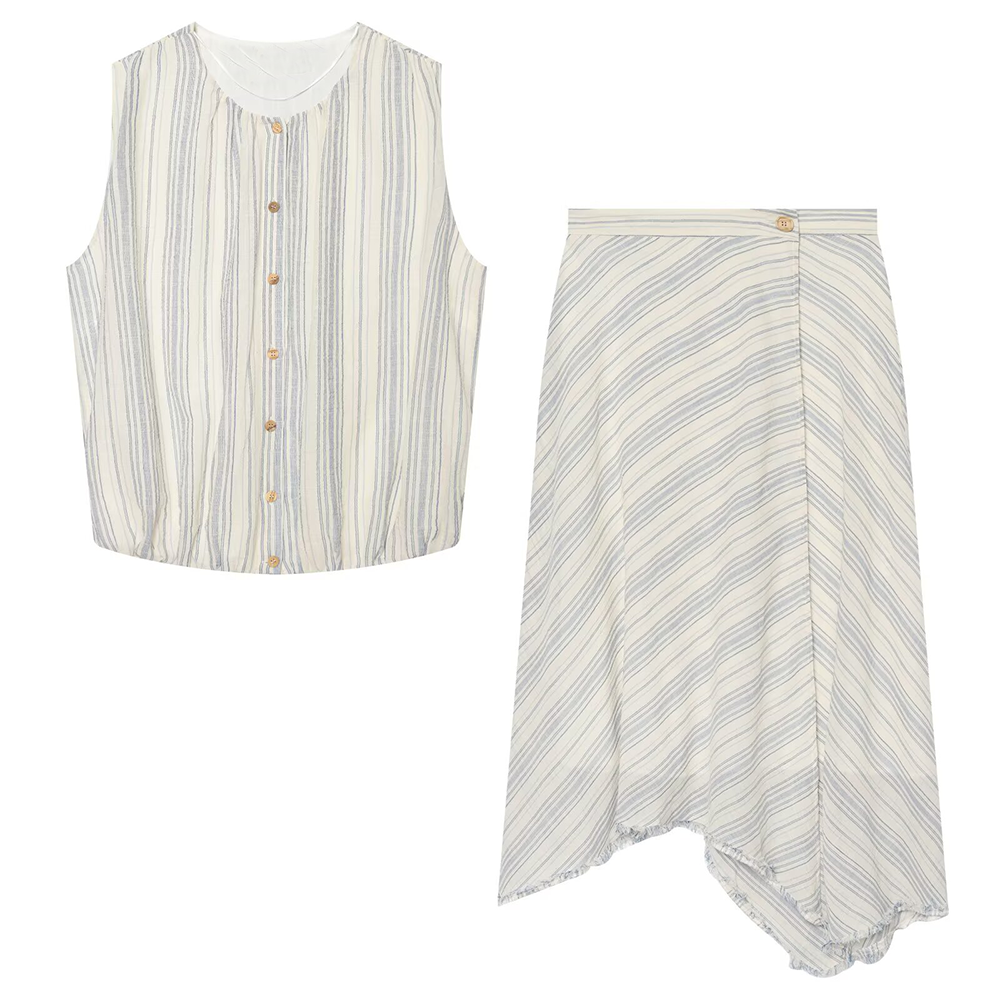 suit Women's 2 pieces sleeveless O Neck striped shirt+Skirts