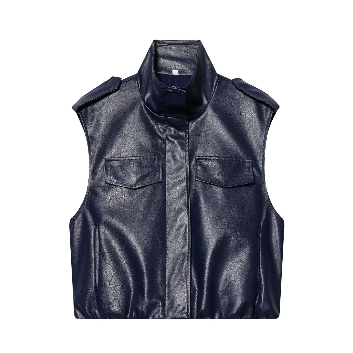 suit Women's 2 pieces leather effect sleeveless stand collar top+Skirts