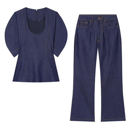 suit Women's 2 pieces O Neck bubble short sleeved denim shirt+jeans