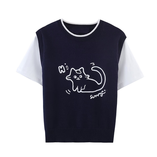 Women's three-dimensional embroidery spliced knitted shirt