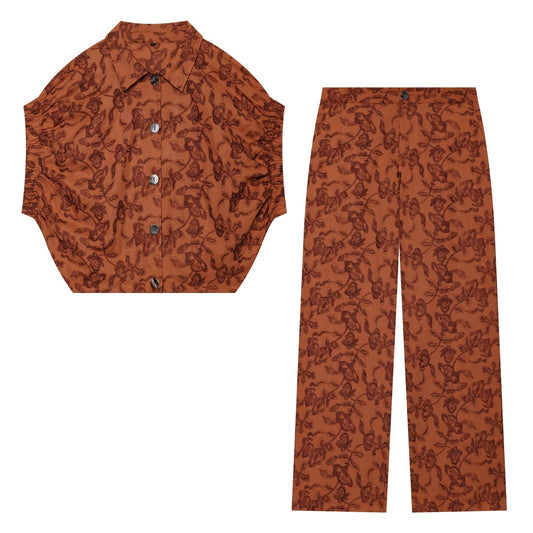 suit Women's 2 pieces casual elastic embroidered top+pants
