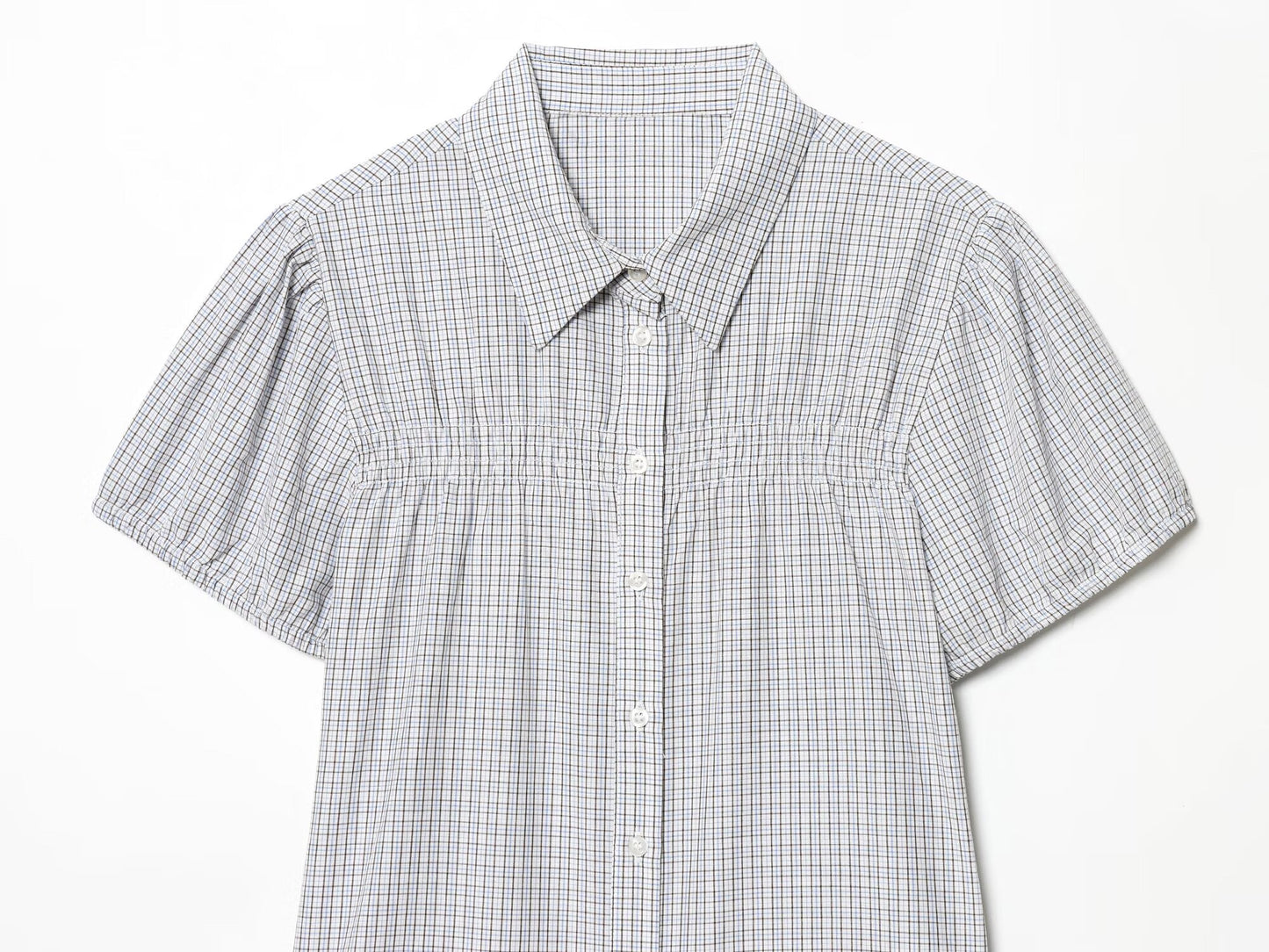 Women's short sleeved plaid elastic poplin shirt