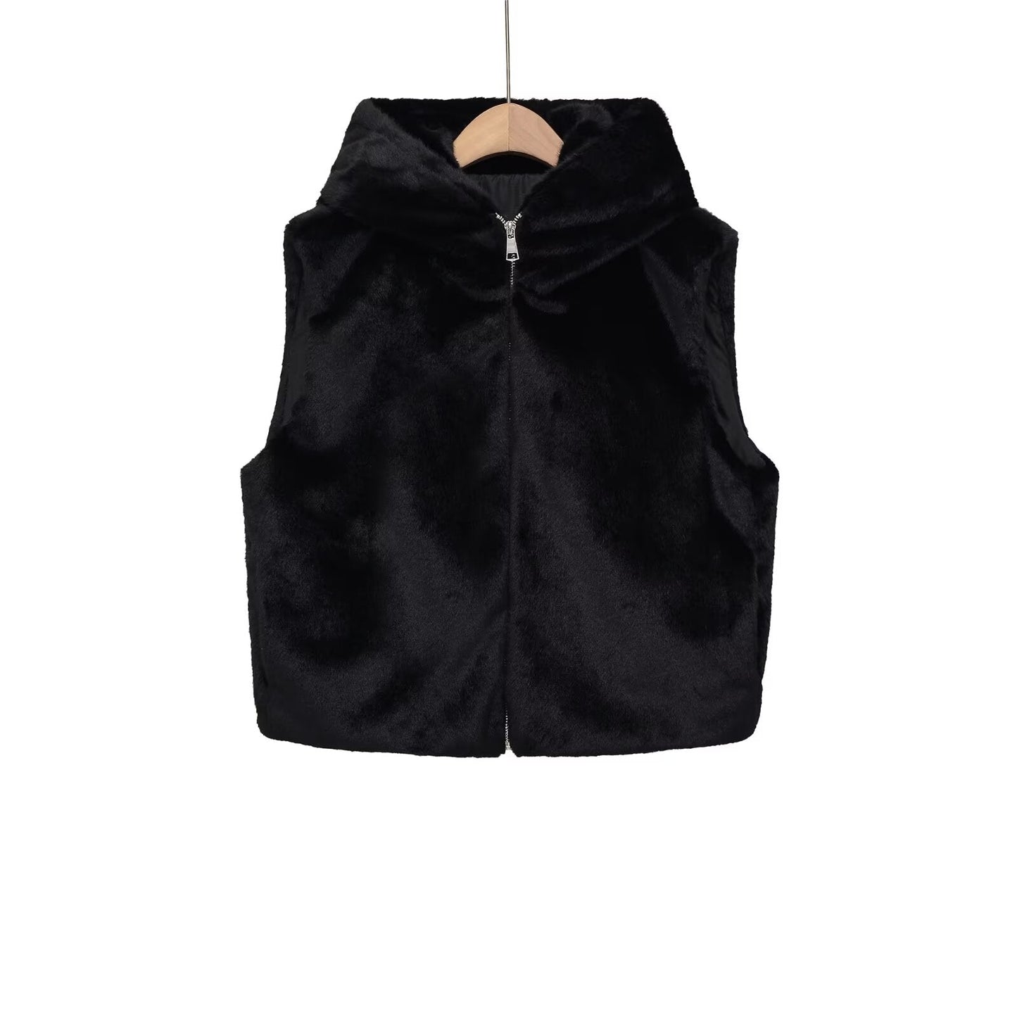 Women's artificial fur effect high neck hooded sleeveless vest