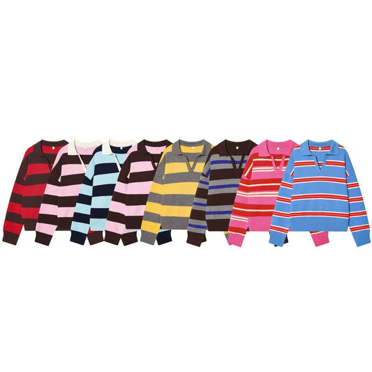 Women's casual striped knitted polo shirt