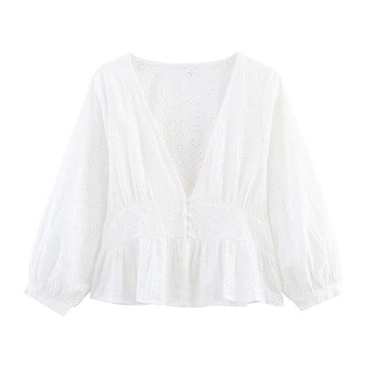 Women's hollowed out embroidered V-neck shirt