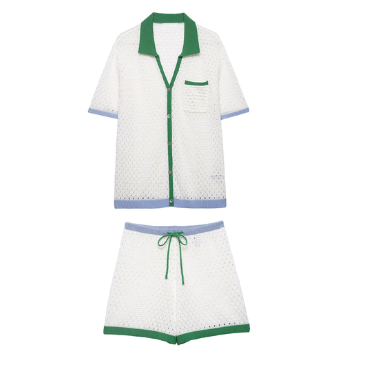 suit Women's 2 pieces hollow knitted polo shirt+shorts