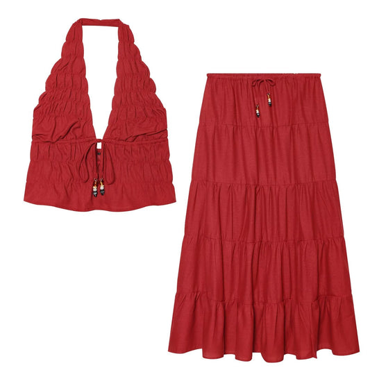 suit Women's 2 pieces linen blend halter neck top+Skirts
