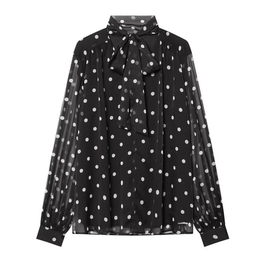 Women's ribbon collar polka dot shirt