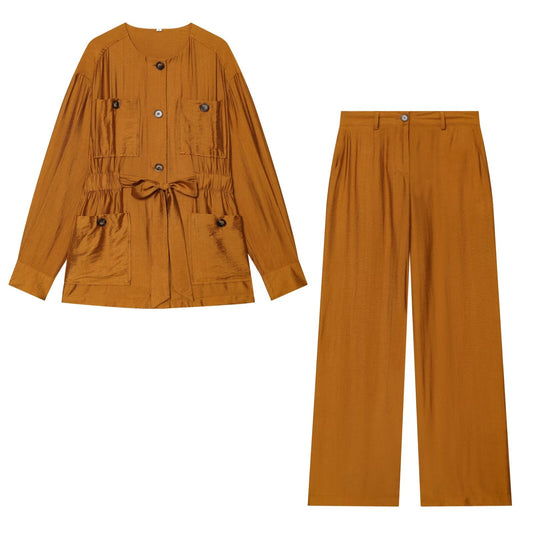 suit Women's 2 pieces with belt loose linen blend Coat+Pants