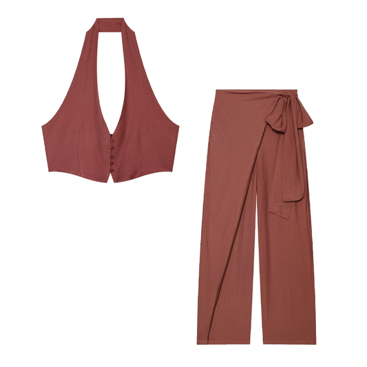suit Women's 2 pieces bow decoration Wrapping style pants + Hanging neck top