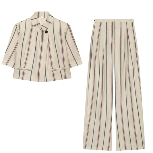 suit Women's 2 pieces short striped Blazer Coat +Pants