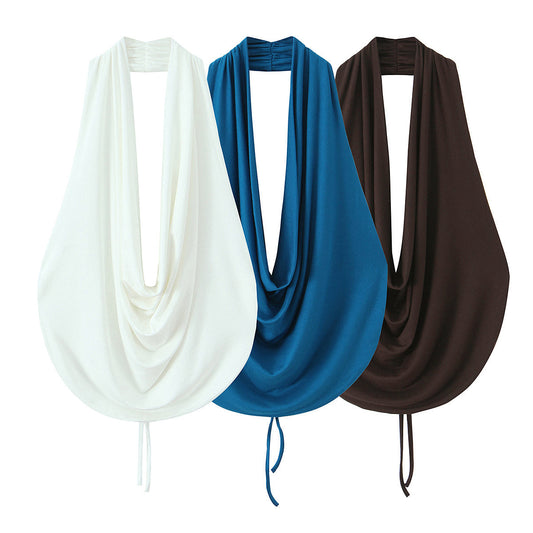 Women's pleated Hanging neck collar top