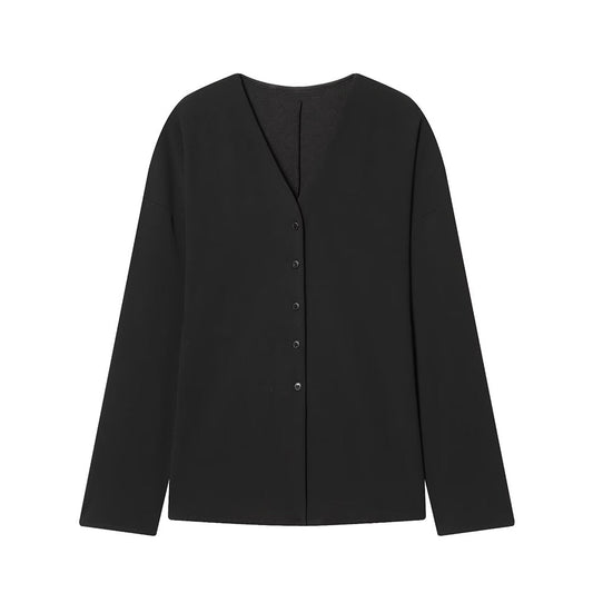 Women's New Black V-neck Button-up Top