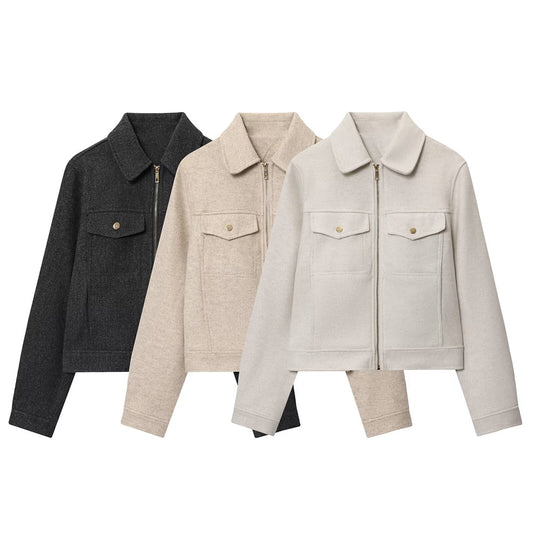 Women's new fashion long sleeved soft textured zipper jacket Coat