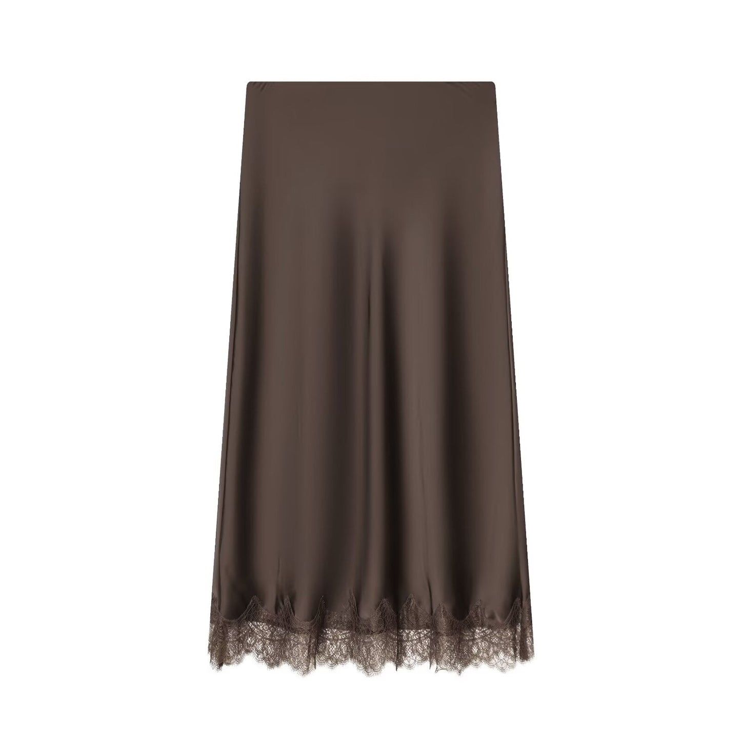Women's lace hem satin texture MIDI skirt
