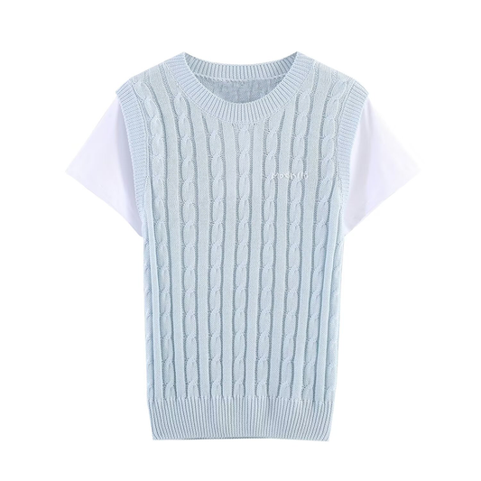 Women's contrasting fake two-piece knitted sweater