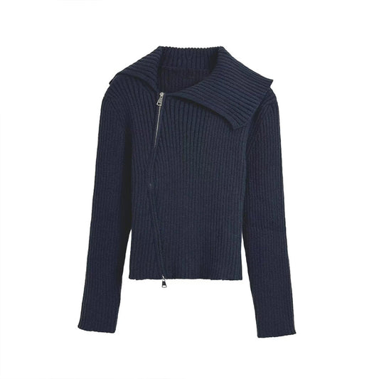 Women's new fashion double zipper lapel ribbed knitted Coat