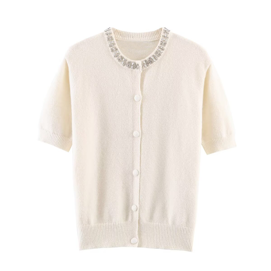 Women's beaded collar short sleeved knitted sweater