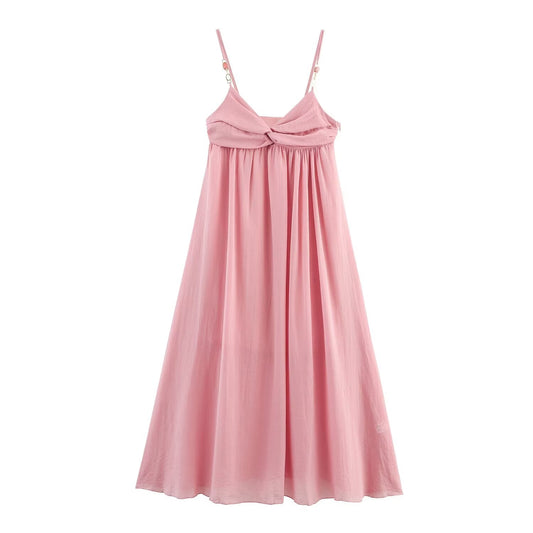 Women's New Fashion Knot Decoration Beaded suspender Midi Dress