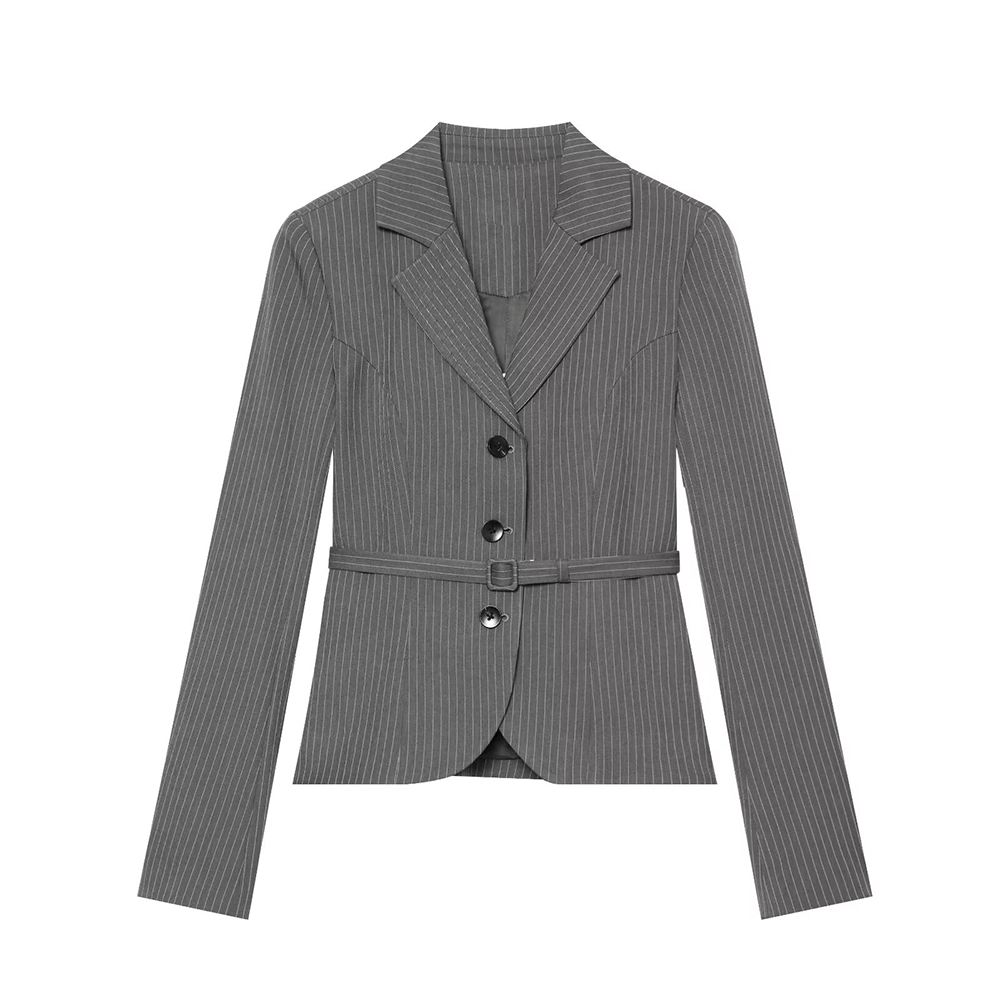 Women's with Belt striped lapel Blazer Coat