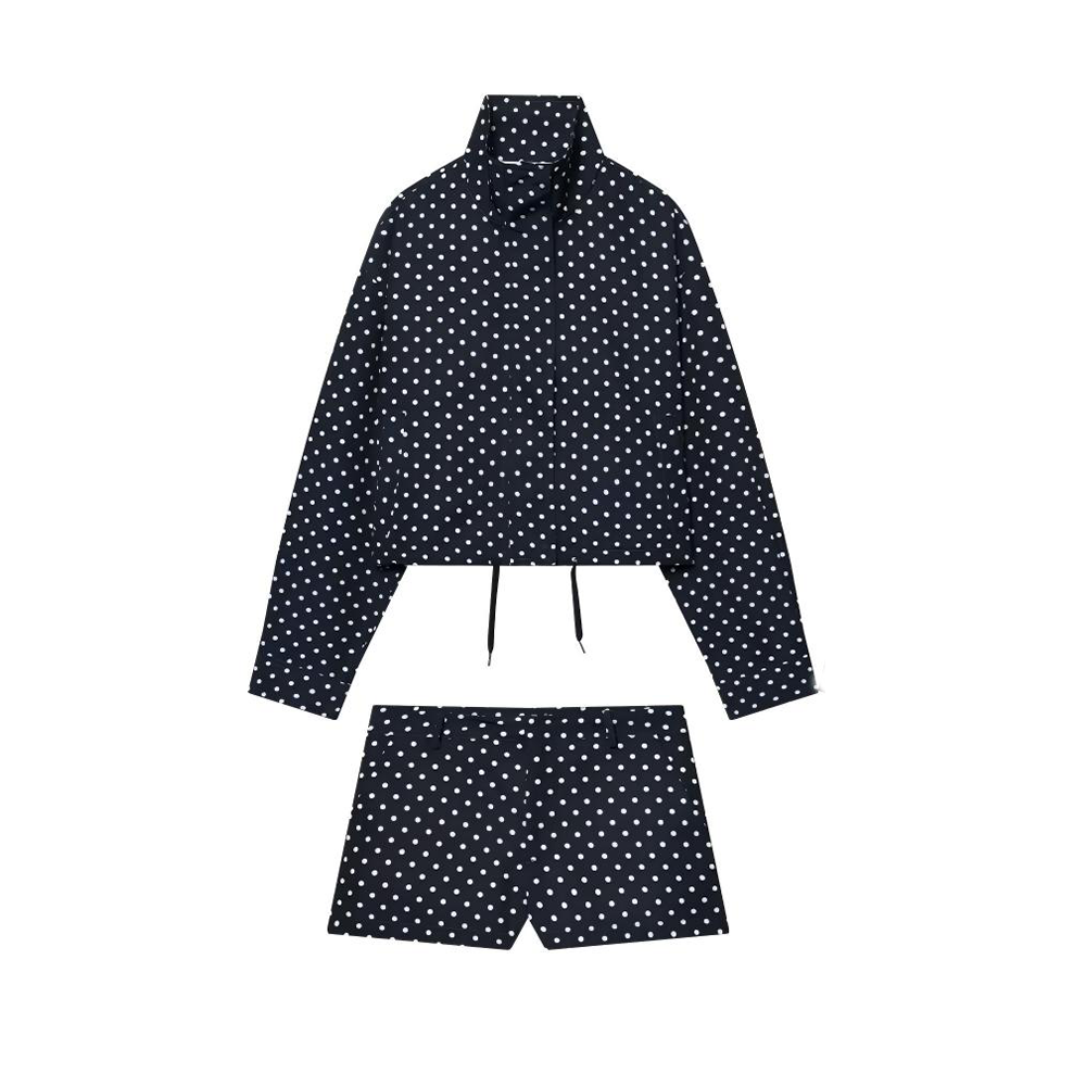 Women's new fashion short stand collar polka dot Bubble gauze Coat + Shorts suit