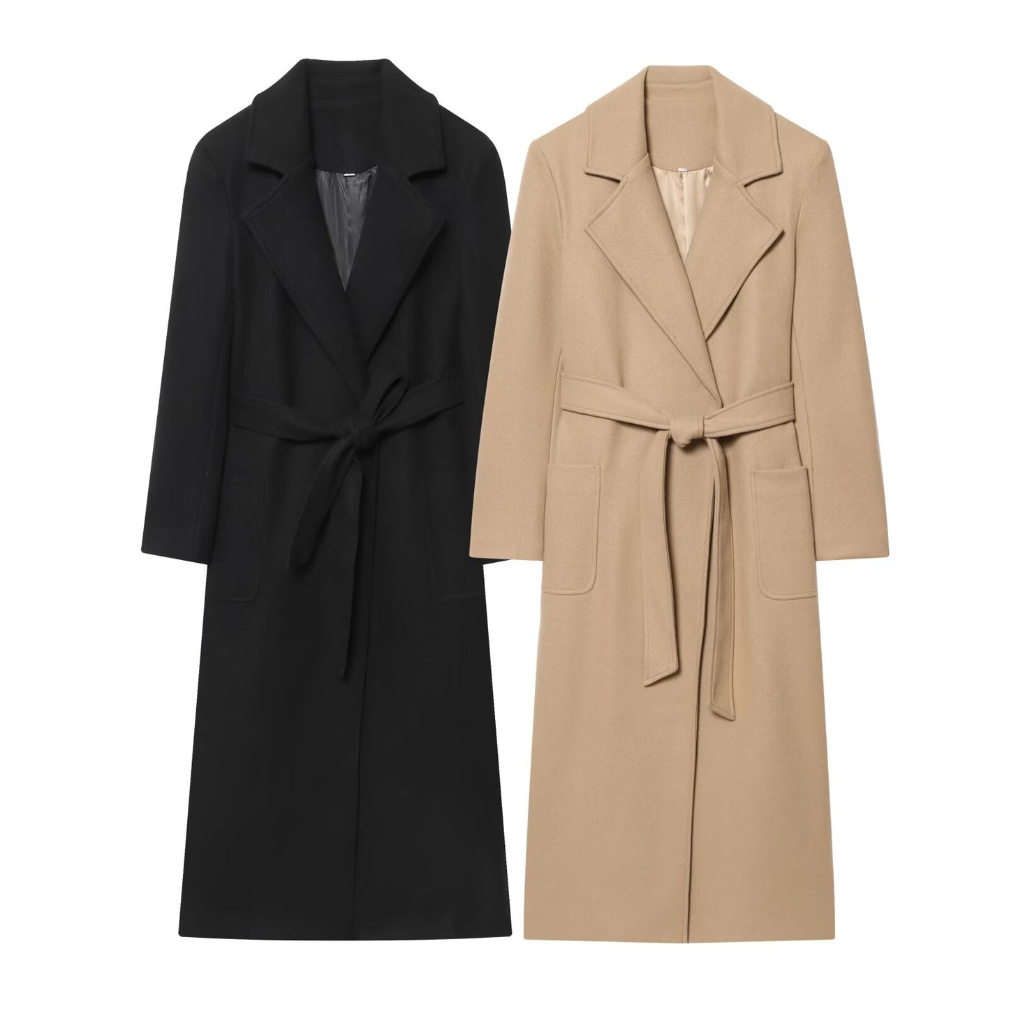 Women's New Fashion With Belt Black Long Style Wool Blended Woolen Coat
