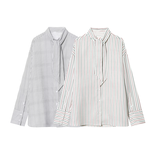Women's New Scarf Decorative Striped Poplin Shirt