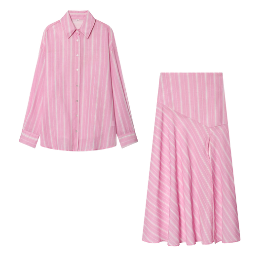 suit Women's 2 pieces loose linen blended striped shirt+Skirts