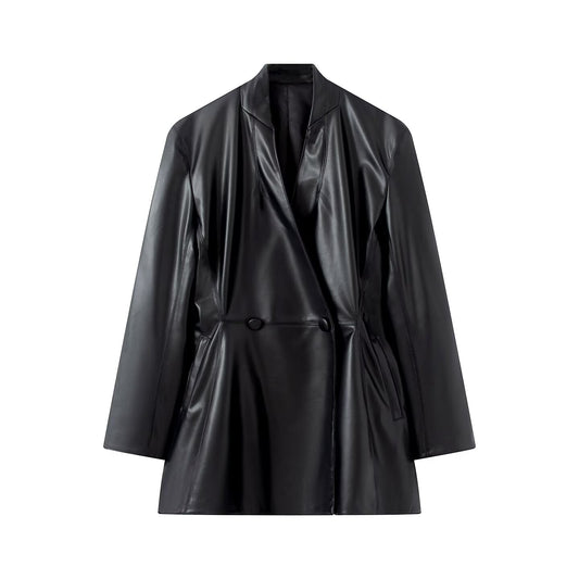 Women's slim double breasted faux leather Blazer Coat