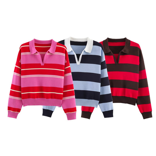 Women's striped polo shirt collar knit sweater