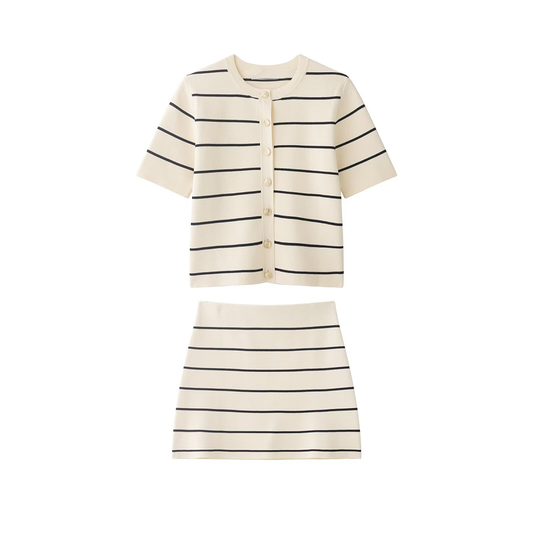 suit Women's 2 pieces striped short sleeved knitted Coat+Skirts