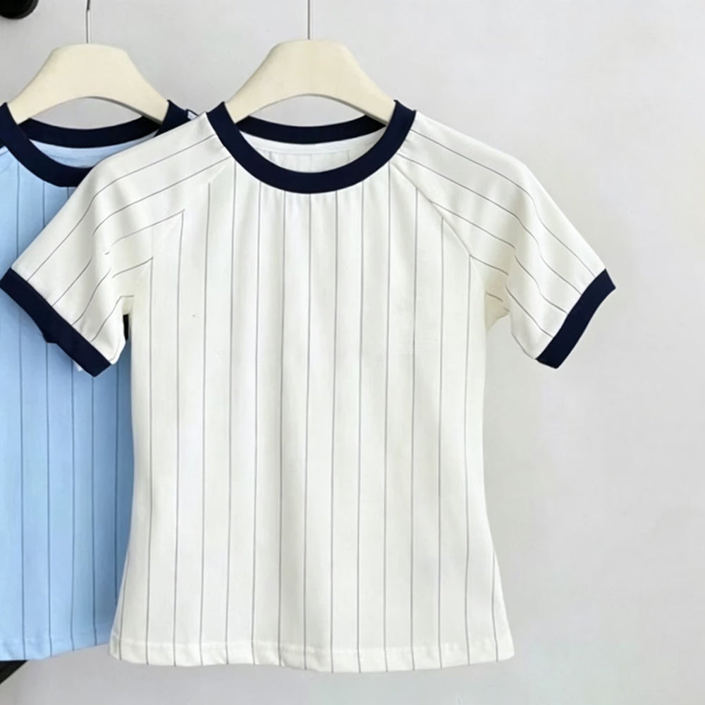 Women's new pinstripe O-neck casual short sleeve T-shirt
